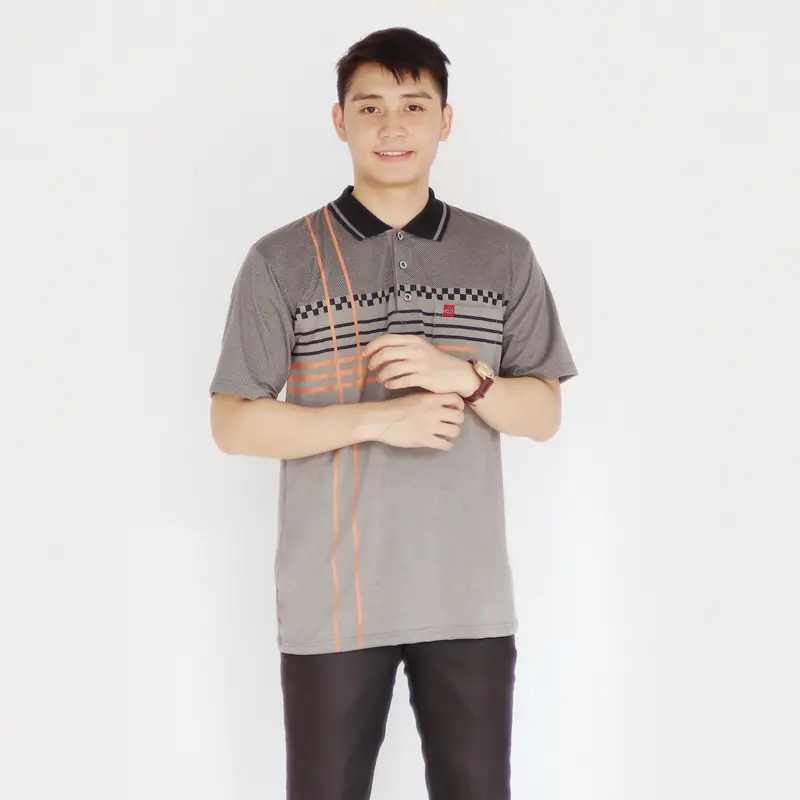 Sc - Baju Katun Motif Batik Lengan Pendek Pria Dewasa Distro - Kaos Saku Kerah Polo Atasan Cowok Santai Abu Panjang 6