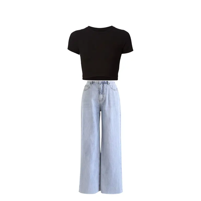 Styl Outfit  Ixora Set| One Set Wanita Korean Style ( Baju Crop Top - Celana Jeans ) Outfit Skena Atasan Cewek Kekinian 4