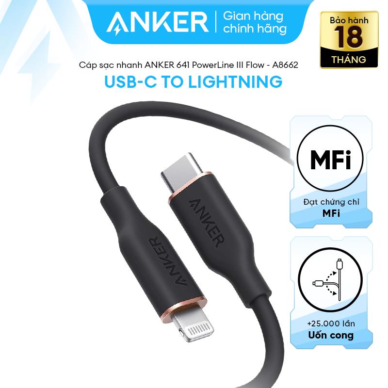 Cáp CtoL MFi Cáp sạc nhanh Anker 641 USB-C to Lightning PowerLine III Flow - Chất liệu Silicone | Dành cho series iPhone 14 13 12 11 X | Đạt chứng nhận MFi bởi Apple | Bền bỉ mềm mại - A8662 A8663