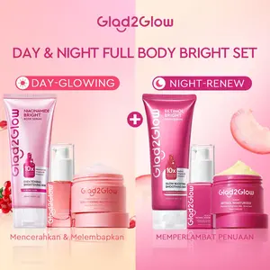 Glad2Glow Day&Night Renew Bundle 4in1 - 4 PCS Glow Skincare Paket-Brightening Moisturizer+Retinol Moisturizer+Brightening serum +Retinol Serum tone cream wajah serum mencerahkan ampuh | skincare murah bpom skincare memutihkan dan glowing