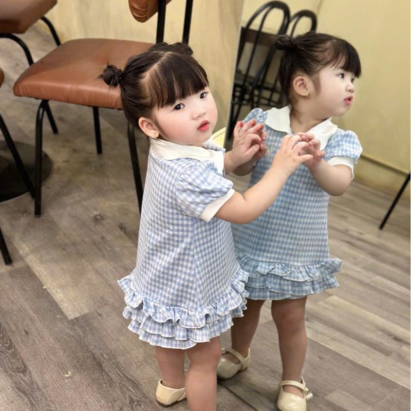 H74 TinyWiny - Váy polo caro xanh chân bèo dễ thương cho bé gái