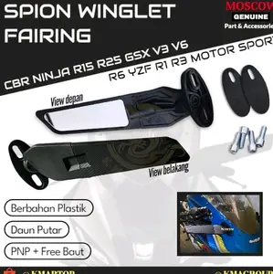 Moscow SPION WINGLET FAIRING DAUN PUTER MOTOR SPORT CBR NINJA R15 R25 GSX V3 V6 R6 YZF R1 R3 Bahan ABS Tebal Kaca Datar Putih Model Slim Ukuran Kecil Bisa Diputar PNP Free Baut - Dudukan