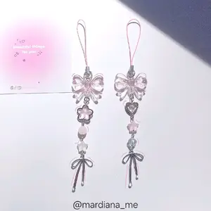 phone charm coquette pink bow clear/phone strap beads Lanyard