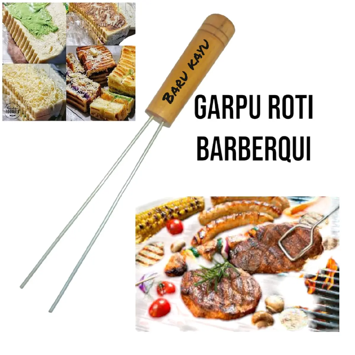 GARPU KAYU / GARPU ROTI BAKAR, DAGING, BARBEQUE HANDMADE GAGANG KAYU