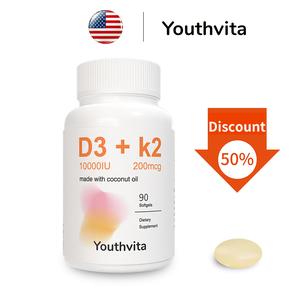 Youthvita Vitamin D3 K2 Supplement Softgel with Coconut Oil, D3 10000 IU K2 200 mcg, 180 Softgels