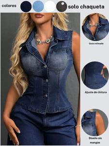 Chaqueta vaquera ajustada sin mangas para mujer, estilo casual para todas las estaciones, diseño de moda único, patrón liso, con cuello