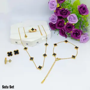 SET TITANIUM LENGKAP BUNGA 5 MATA HITAM AKSESORIES WANITA KOREA ANTI KARAT DAN ANTI LUNTUR