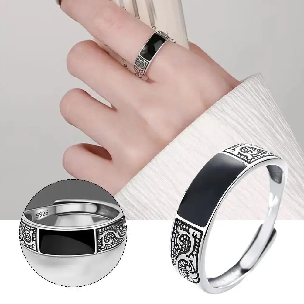 Trang Sức Nam, Hợp Xu hướng, Hình Chữ Nhật Màu Đen, Họa Tiết Rồng Cổ Điển Phụ Kiện Ngón Tay, Thiết Kế Mở, Bán Chạy, [Thanh Toán Khi Nhận Hàng]