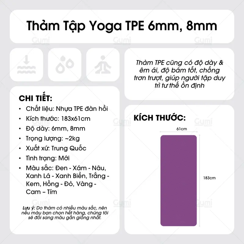 Thảm Tập Yoga | Thảm Tập Gym TPE Siêu Bền 6mm 8mm 2