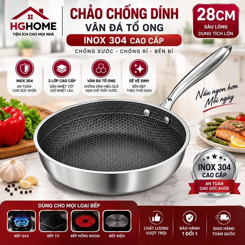 Chảo Chống Dính Vân Đá Tổ Ong Sâu Lòng, Inox 304 size 28cm Chống Xước Chống Rỉ, Dùng Cho Mọi Loại Bếp, 3 Lớp Cao Cấp HGHOME