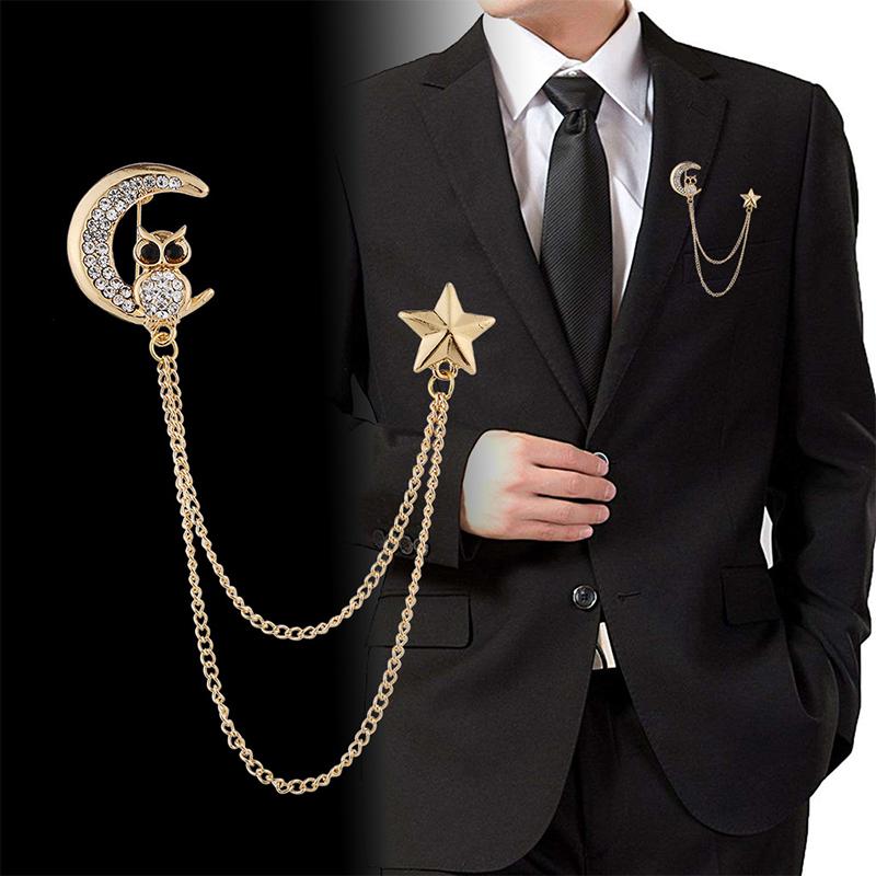 Ghim Cài Ve Áo Thanh Lịch Cho Nam, Huy Hiệu Có Dây Xích, Trâm Cài Hình Cú Cho Bộ Đồ, Tuxedo, Ngôi Sao, Mặt Trăng, Ramadan, Corsage, Cổ Áo 0