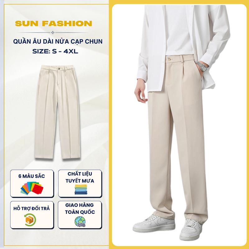 Quần âu ống suông nửa cạp chun SUN màu BE form suông rộng nam nữ chất vải mềm mịn thoáng mát Ong Menswear