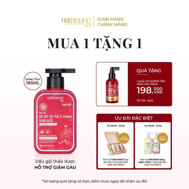 Dầu gội thảo dược bồ kết NamNung hỗ trợ giảm gàu, nấm, viêm da đầu Chai 185ml Chăm sóc tóc Dưỡng tóc nữ - Giảm 39%