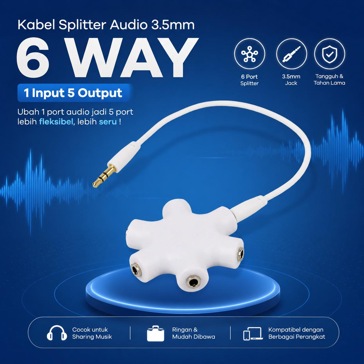 ALLOYSEED 6 Way Port Male to 5 Female Audio Earphone 3.5mm Splitter - JLT108