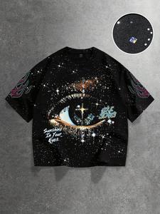 Camiseta para hombre de ajuste holgado con estampado de moda, artesanía con diamantes de imitación en color plateado, patrón de ojo de estilo oscuro, uso casual diario, ropa urbana unisex