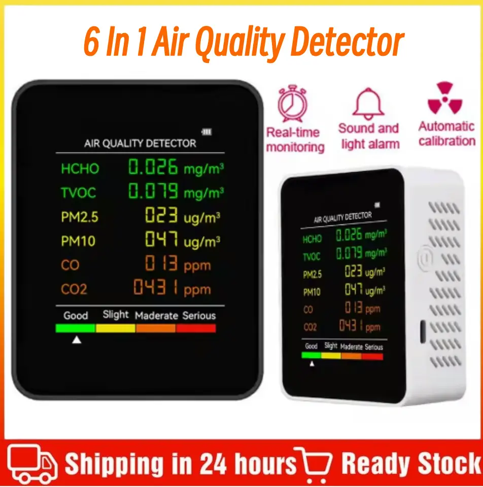 เครื่องตรวจจับคุณภาพอากาศ, 6 In 1, สำหรับ PM2.5, PM10, HCHO, TVOC, CO, CO2, ฟอร์มาลดีไฮด์, มัลติฟังก์ชั่น, เครื่องทดสอบคุณภาพอากาศที่บ้าน