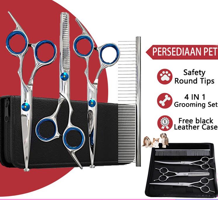 Pawsy Mart-Perlengkapan Gunting Grooming Rambut Bulu Kuku Anjing Kucing Pet Scissors Set Baja Tahan Karat 4CR13 Multifungsi Ukuran 6 Inci Ideal untuk Perawatan Hewan Peliharaan