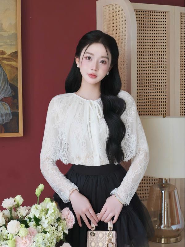 Ảnh thật -Sơ mi thiết kế áo ren choàng trắng bánh bèo dịu dàng dành cho phái nữ AH318