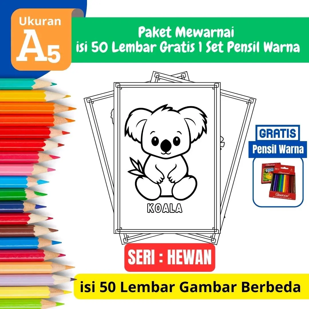 PROMO Murah Paket Mewarnai Gambar isi 50 lembar Gratis 1 Set Pensil Warna Edisi Hewan