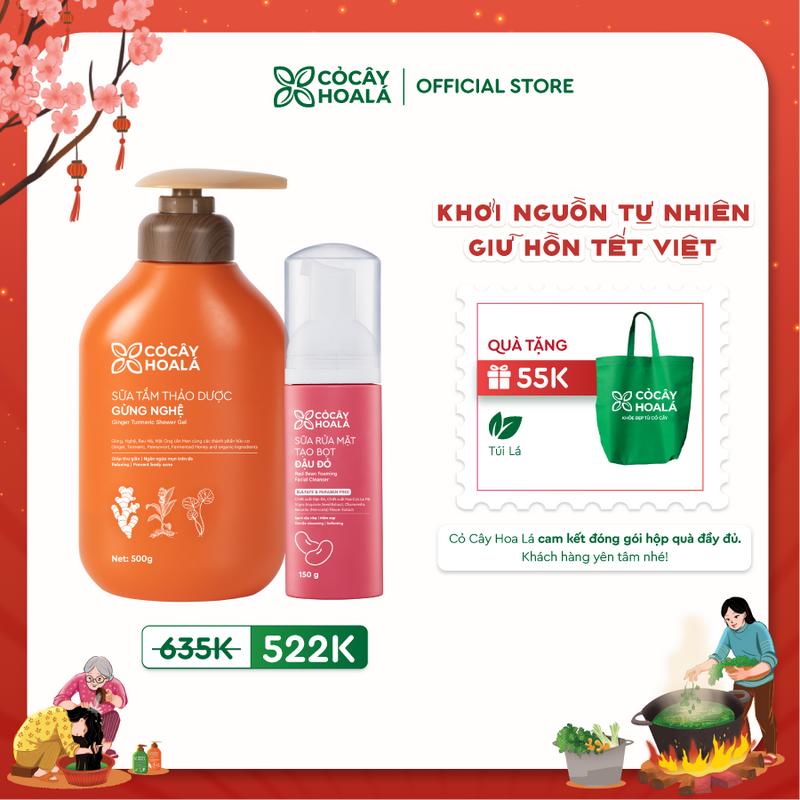   COMBO CHĂM DA DỊU NHẸ  Combo Sữa Tắm Thảo Dược Gừng Nghệ 500g & Sữa Rửa Mặt Tạo Bọt Đậu Đỏ 150g Cỏ Cây Hoa Lá 