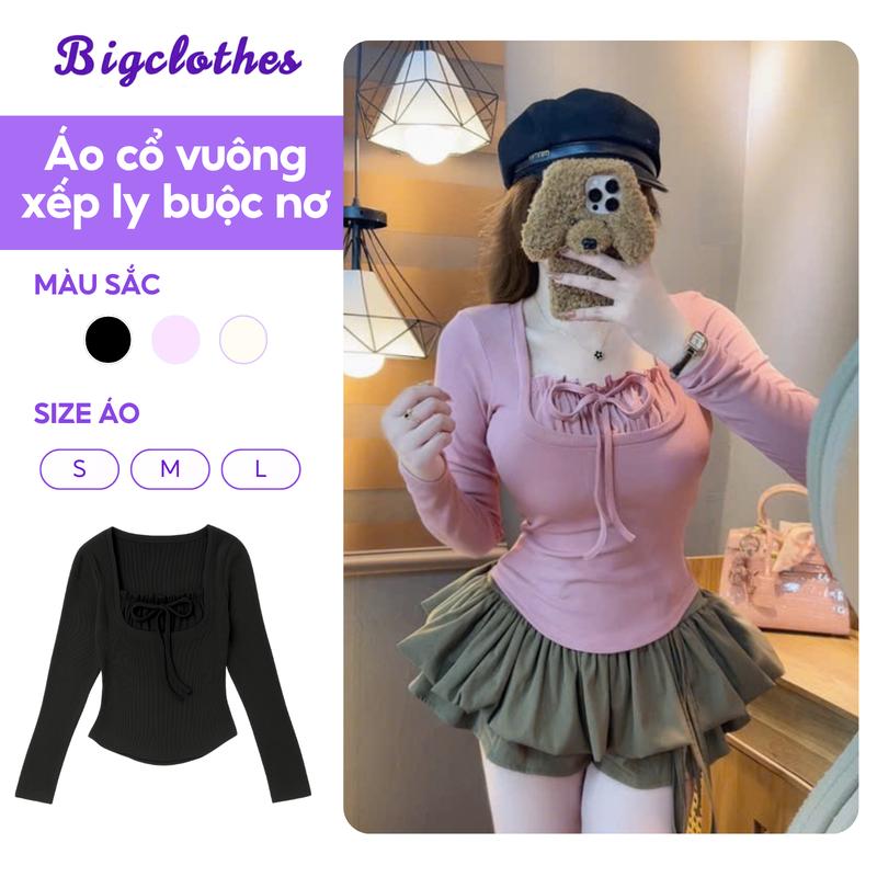 [DEAL MỞ BÁN] Áo Thun Nữ Cổ Vuông Dài Tay BigClothes, Áo Thun Nữ Cổ Xếp Ly Thắt Nơ Dáng Ôm D15