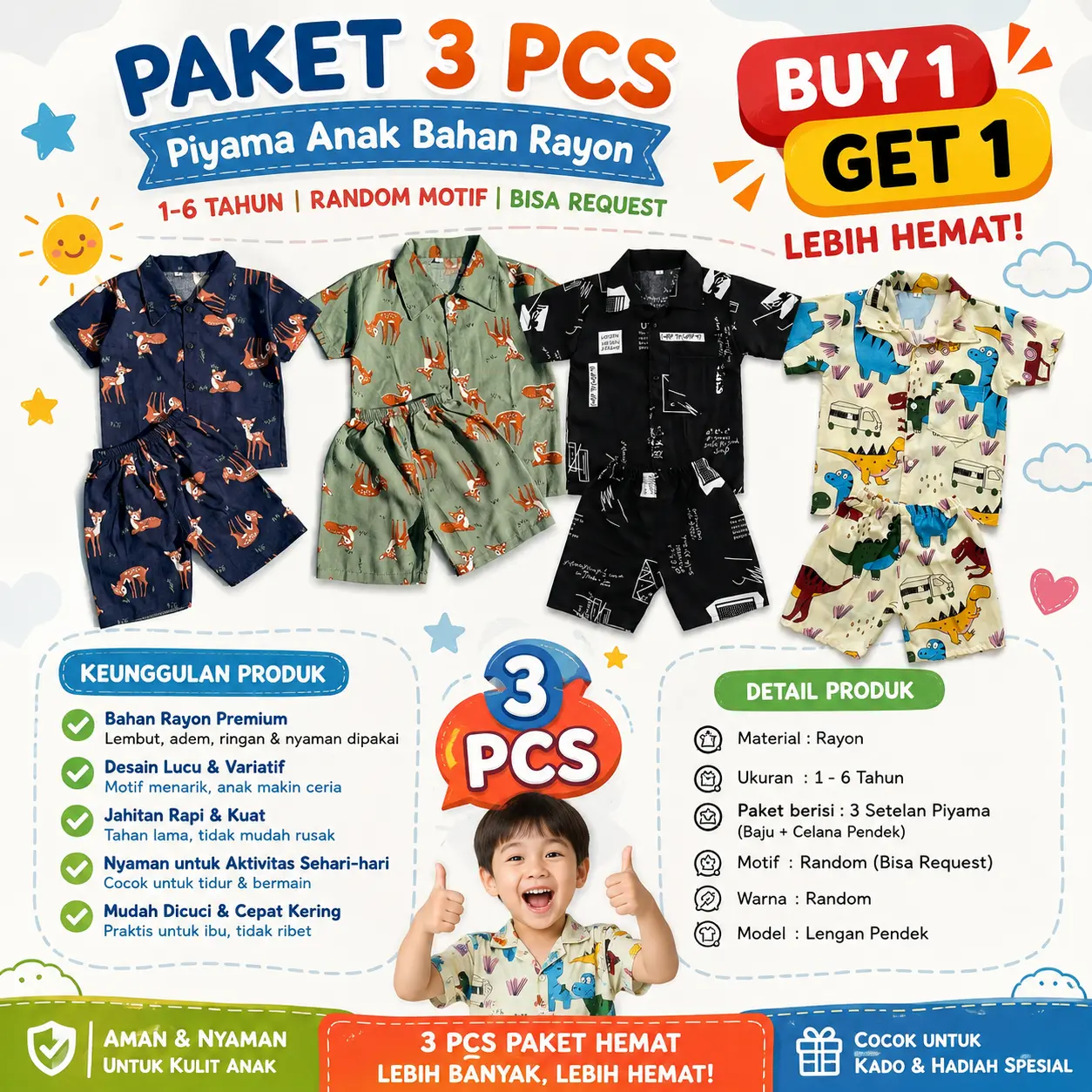 Paket 3 Pcs Setelan Anak Kemeja Piyama Laki Laki & Perempuan Baju Pendek Celana Pendek Bahan Rayon Premium Adem Nyaman Buy 2 Get 1 Fashion Atasan Motif Random