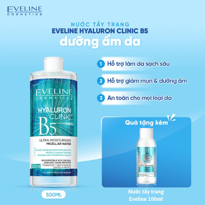 Deal 179k Nước tẩy trang Eveline Hyaluron Clinic B5 và tinh chất rau má hỗ trợ làm dịu dưỡng ẩm da 500ml