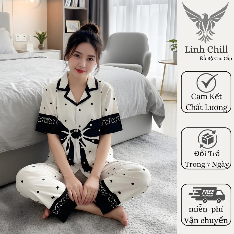  Đồ Bộ Hot Trend Nữ Cộc Dài Pyjama Chất Liệu Lụa Mềm Mịn Họa Tiết In Chữ Cá Tính Màu Trắng Đen Size 40-68kg 