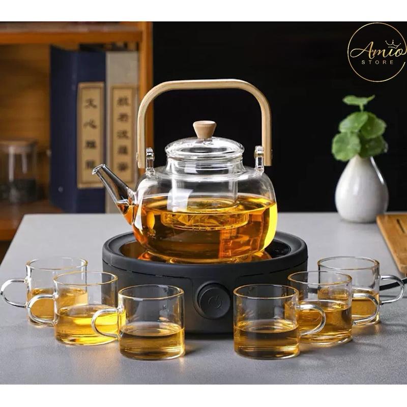 Bộ Ấm Chén Pha Trà Thủy Tinh Và Bếp Hồng Ngoại Đẹp Phòng Khách ,Bình Pha Trà Thủy Tinh Có Bộ Lọc Bã Giữ Nhiệt 1000ml