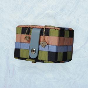 Color Block Travel Jewelry Case with 2 Dainty Necklaces | Small Quilted Organizer Gift for Women & Girls