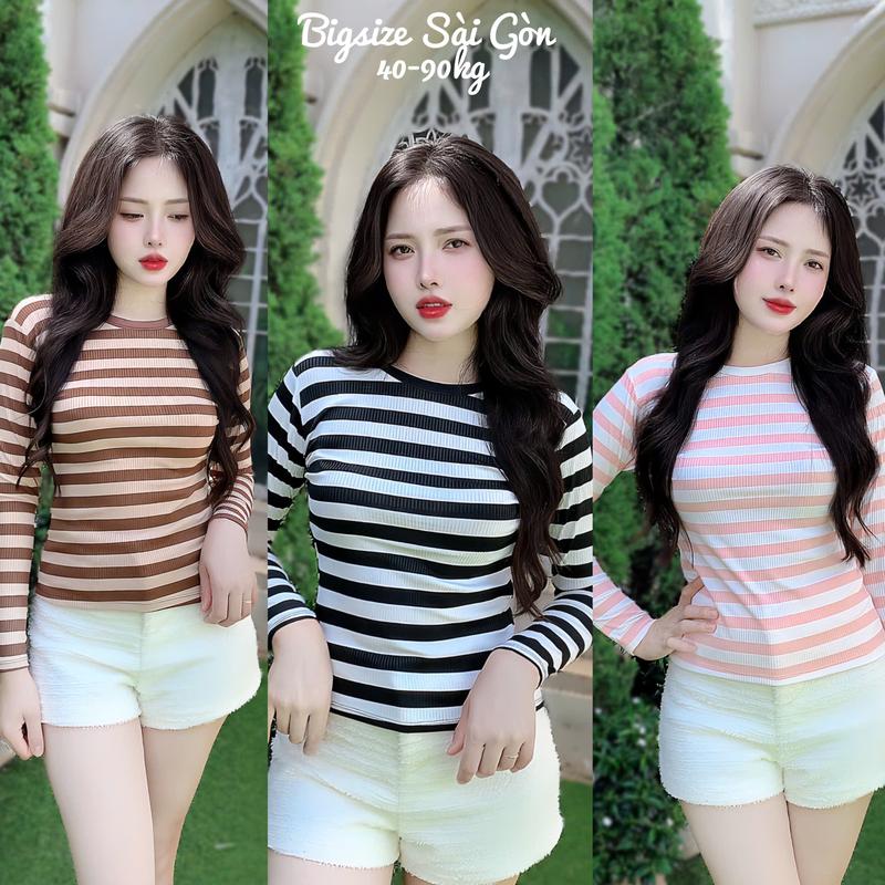 Áo Thun Nữ Tay Dài Phối Cổ Tròn Vải Thun Tăm 45- 90Kg Bigsize Dễ Thương Top Nữ Women - B.1553