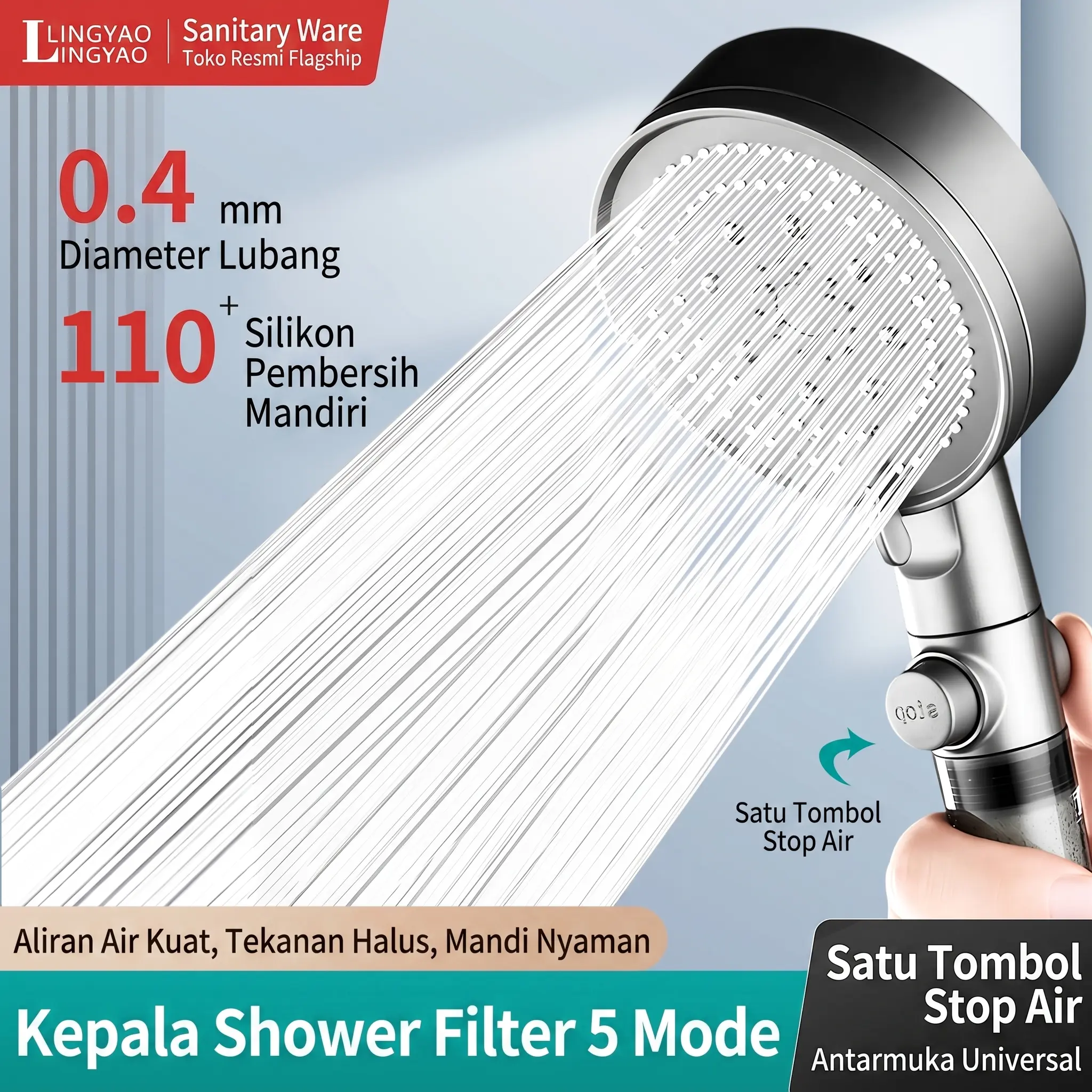 Kepala Shower Lima Mode Tekanan Tinggi dengan Filter Kepala Shower Genggam Lima Mode Air Hemat Air Tekanan Kuat Filter Bawaan Alat Mandi Praktis