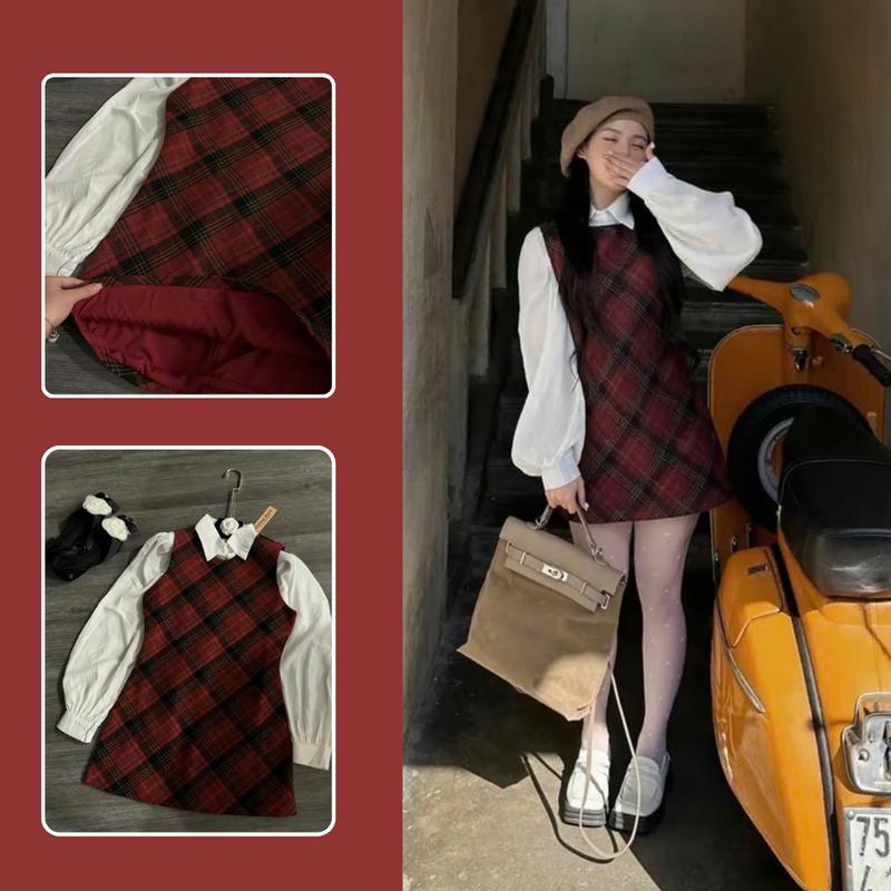 M38 Set thu đông váy nữ sang chảnh dạ kẻ đỏ chữ A vintage cổ áo sơ mi trắng tay phồng tiểu thư siêu xinh