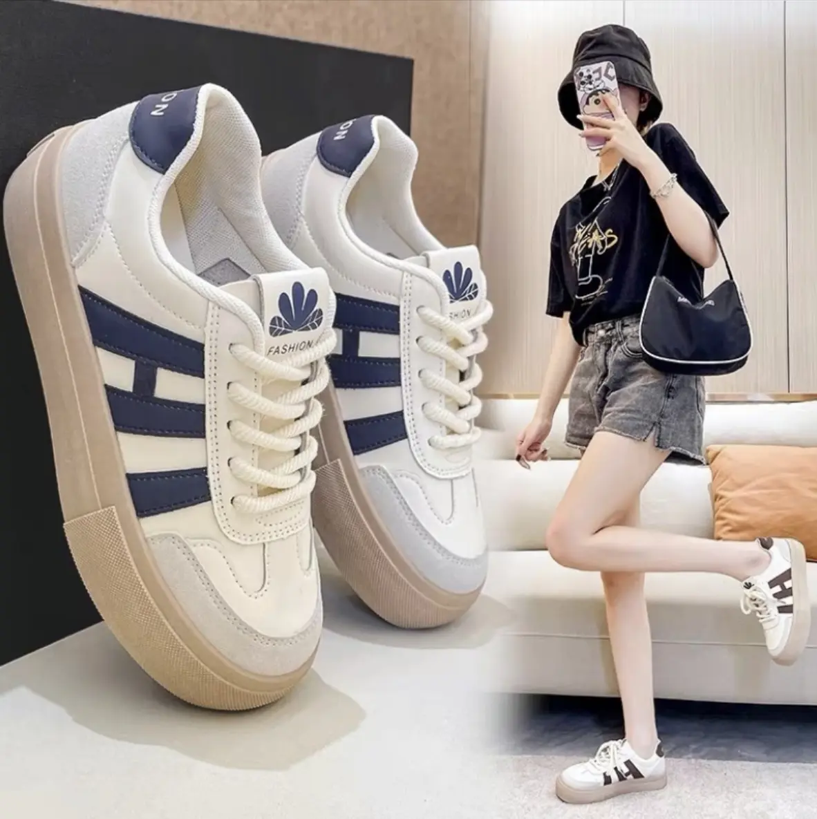 Giày Thể Thao Cho Nữ, Đế Nâu, In Chữ HI, Giày Thể Thao Sneaker Shoes Nhung