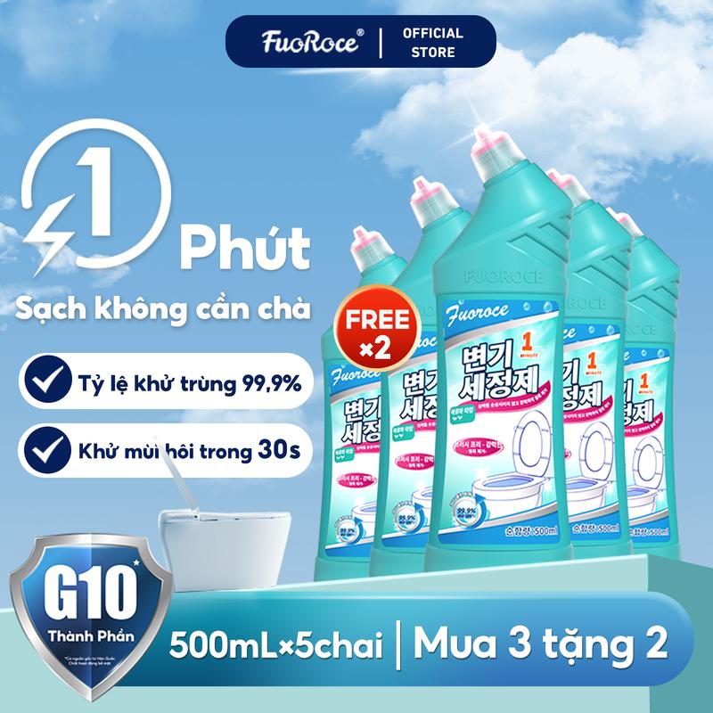 (Mua 3 tặng 2) Fuoroce Nước tẩy bồn cầu Không cần chà Công thức kiềm Khả năng làm sạch mạnh Làm sạch và loại bỏ 99.9% vi khuẩn Chất khử trùng và khử mùi 500ml x 5 chai vệ sinh gạch và kính