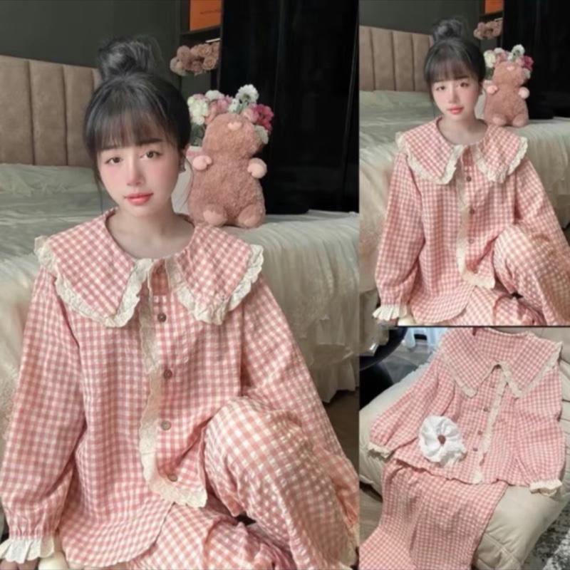 Set Bộ Ngủ Tay Dài Pijama Nữ Kẻ Ren