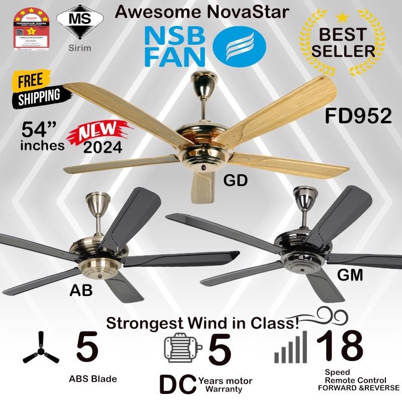 NSB FAN FD952 DC motor Xtreme MAX Powerful 54” / 42” CEILING FAN TURBO 5 Blades With Remote Control Speed/ Kipas Siling
