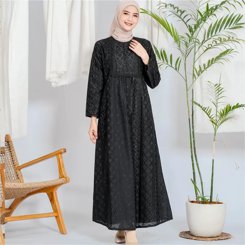 Gamis Elmira Katun Silk Renda Full 723 - Gamis Katun Hitam Muslim untuk Haji Ihrom - Perlengkapan Haji by ARIVA 4