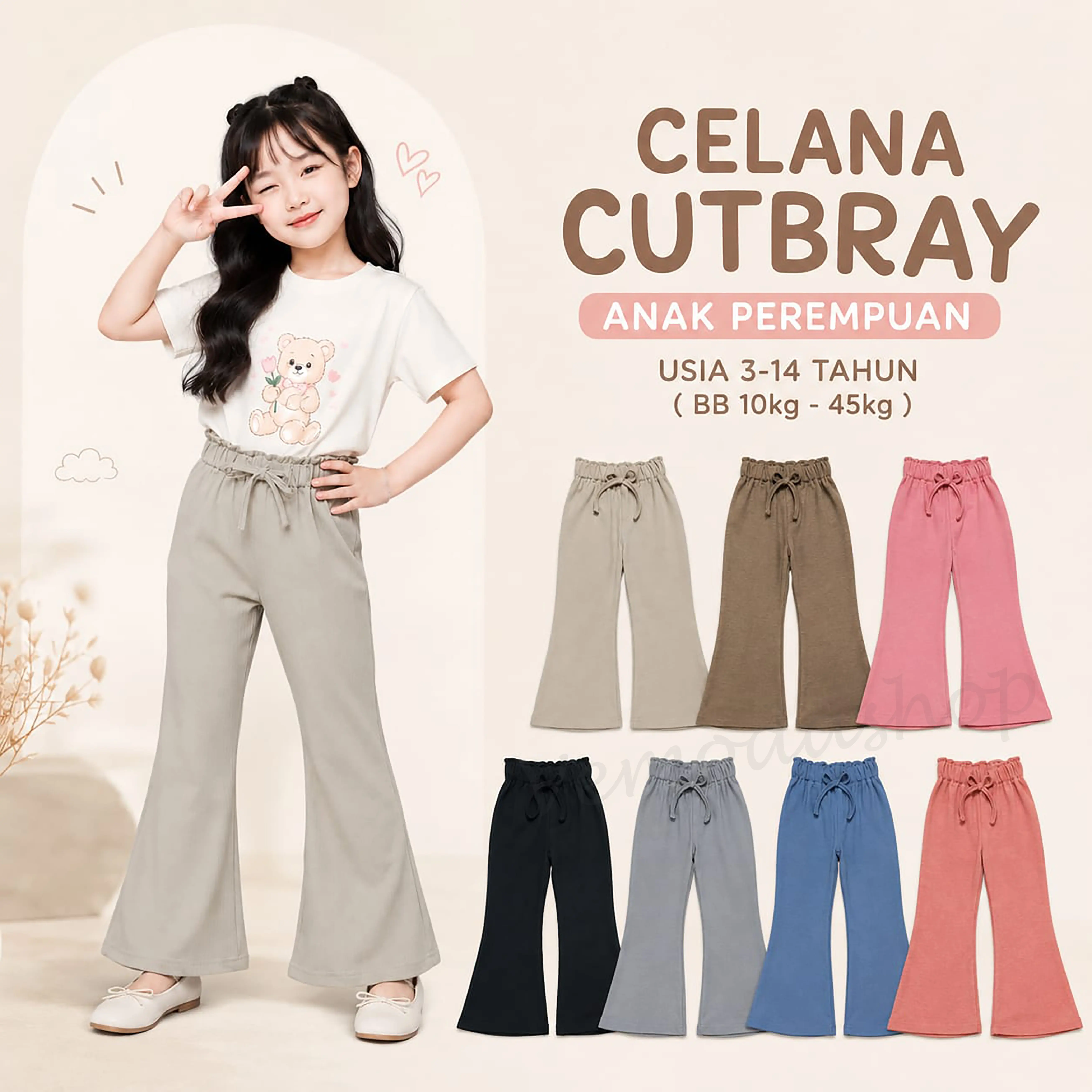 Celana Cutbray Knit Anak Perempuan Model Pita Usia 3-14 Tahun - Fashion