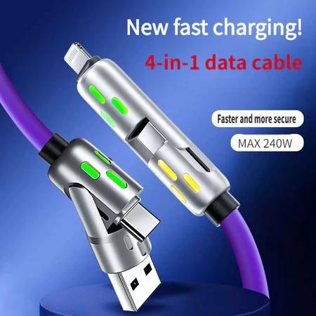 Cáp dữ liệu, Chức năng 4 trong 1, Sạc siêu nhanh, USB Type C, Chất liệu silicon lỏng, Hợp kim nhôm, Công suất 240W 0