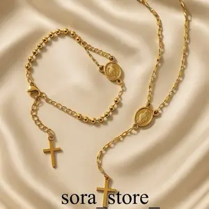 Set Kalung Dan Gelang Salib Rosario Pria Wanita Titanium Asli Anti Karat Anti Pudar Anti Luntur Style Korea Terbaru Fashionable