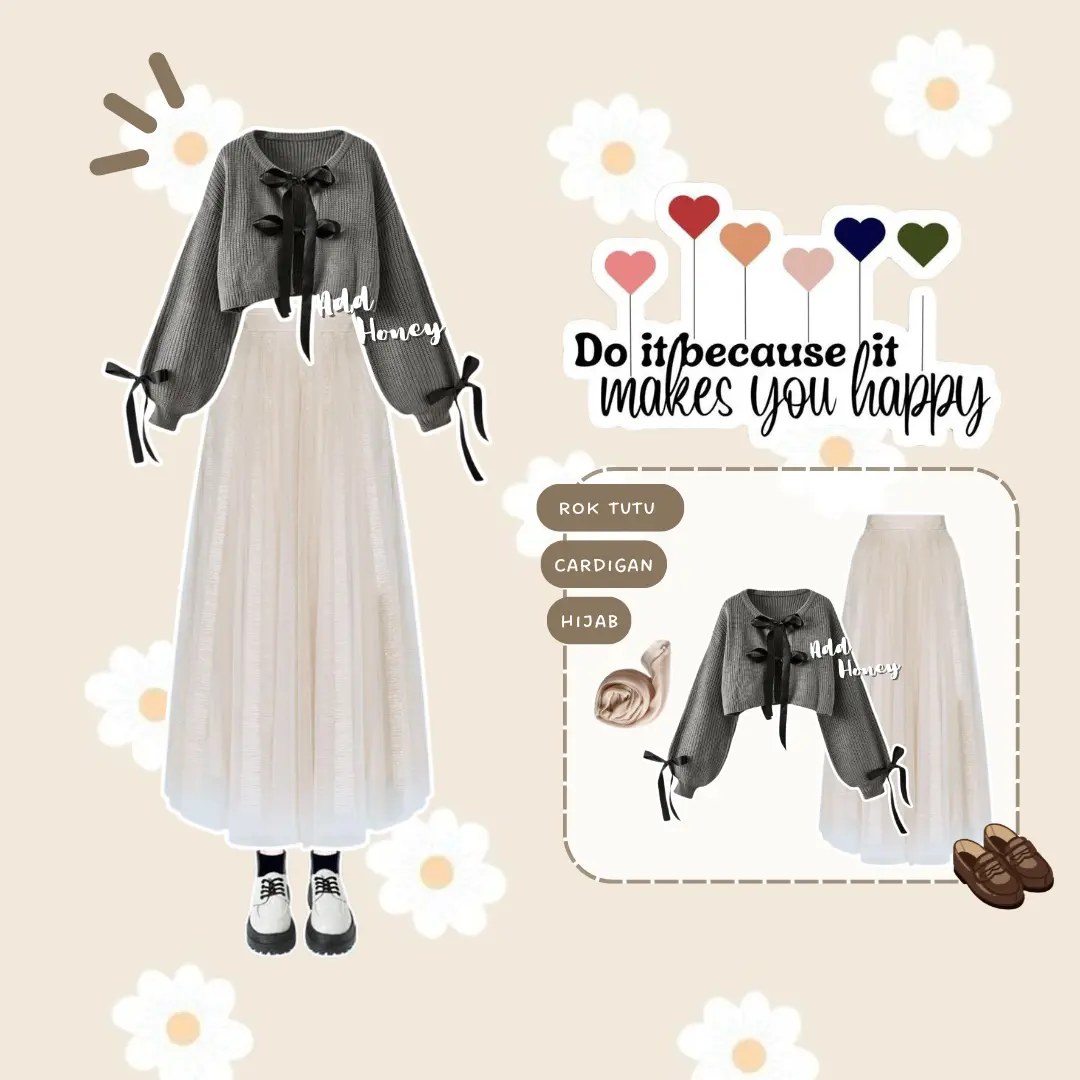 Oneset Outfit Korean Style Hijab (Cardigan Pita Rok Tutu Hijab) OOTD Lebaran Terbaru Wanita Outfit Kondangan Nikahan - AH139 Muslim Outer Atasan Baju Panjang Tebal Remaja Dewasa Katun