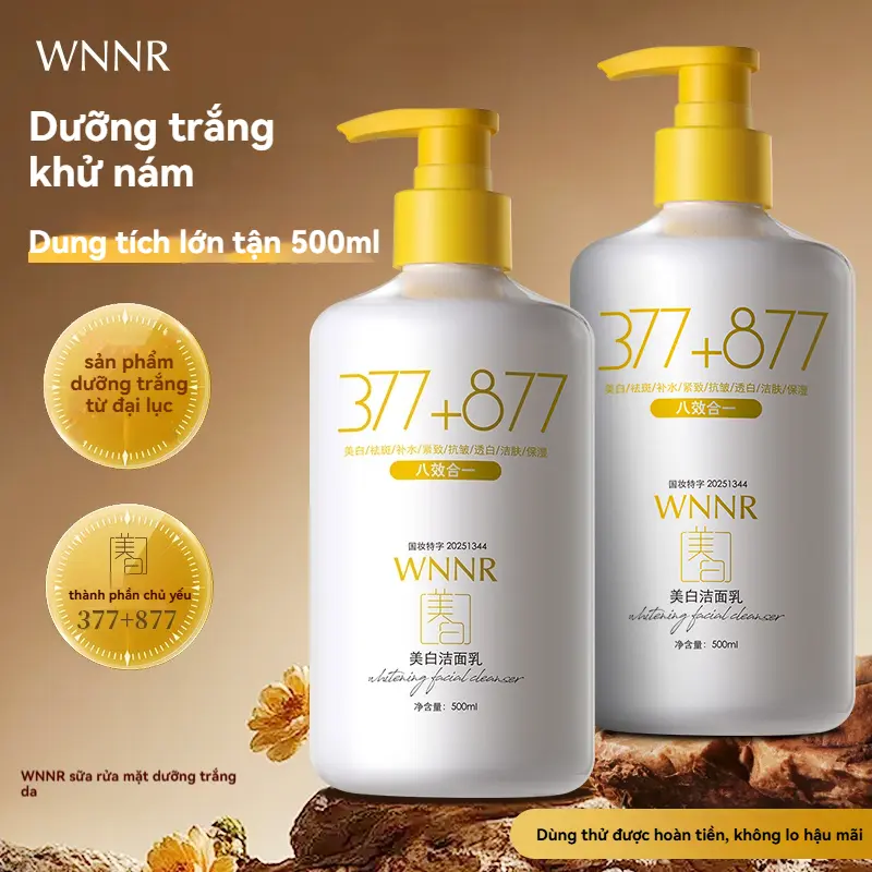 Sữa Rửa Mặt Dưỡng Trắng Da WNNR 500ml – 8 Tác Dụng Trong 1 – Làm Sáng Da, Làm Mờ Vết Thâm, Cấp Ẩm, Săn Chắc Da – Với Phức Hợp 377+877 – Có Giấy Phép Đặc Biệt G20251344 – Dung Tích Lớn (HÀNG CÓ SẴN)
