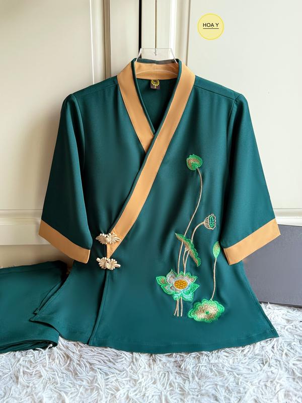 DL25 xanh ngọc bích Họa Y Pháp Phục bộ Đồ Lam Đi Chùa Top Quần Á Thời Trang Cho phật tử trang phục truyền thống thường mặc chất lụa tuyết hoa sen trung niên Tơ áo ba bà big size nữ dài tết mới nhất 2025 hán