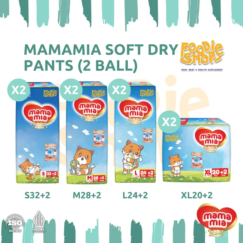 [2 Ball] MAMAMIA Popok Bayi Celana Premium S32+2 M28+2 L24+2 XL20+2 - Super Lembut Extra Kering Soft Dry Pants 0