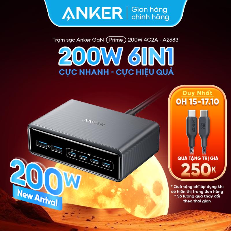 Trạm sạc nhanh Anker Prime 200w GaN 6 cổng hỗ trợ PD sạc nhanh 100W tối đa, dòng sạc tối ưu - A2683