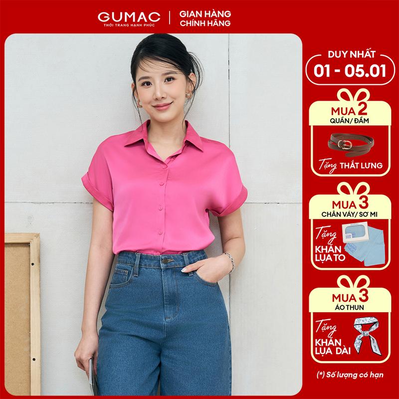   1.1 - 5.1| MUA 3 TẶNG KHĂN LỤA TO  Áo sơ mi tay liền form suông có nẹp che nút chất liệu lụa ngọc trai thời trang GUMAC AE04036 Nữ Women Top Shirt Hồng 