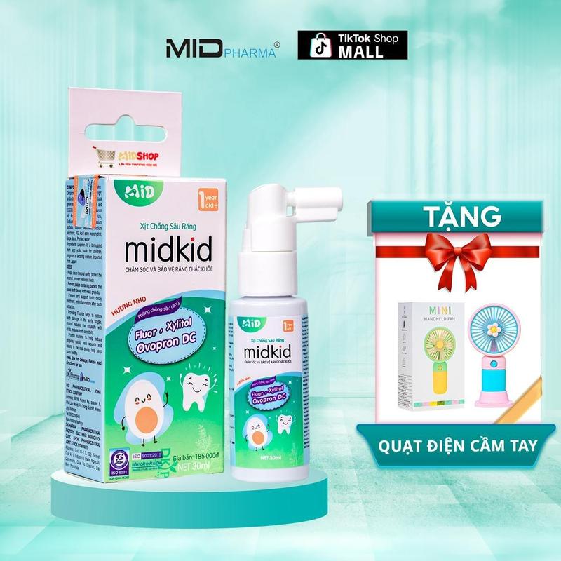 Midkid x Alobothui - Xịt chống sâu răng Midkid vị nho 30ml vị Táo 20ml ngọt thơm nuốt được an toàn cho bé từ 1 tuổi - Tặng Quạt điện mini cầm tay