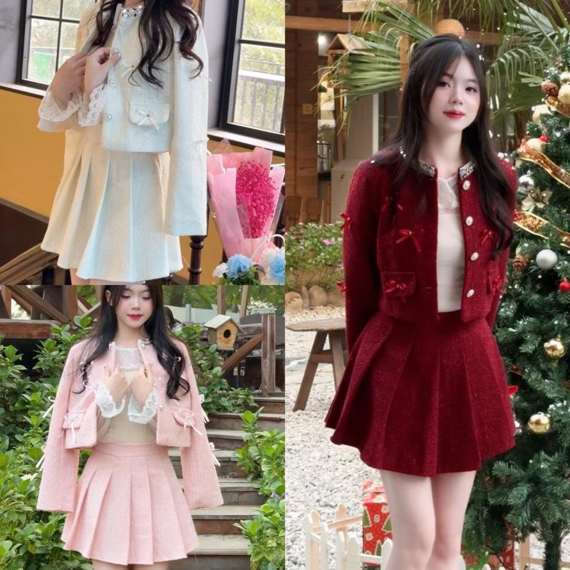 Miiu shop - Set dạ 2ct gồm áo dạ đính nơ cổ đính và chân váy dạ xếp ly