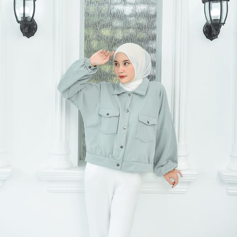 Olin Jaket Button Minimalis Santai fleece lembut tebal wanita Oversize Atasan 0